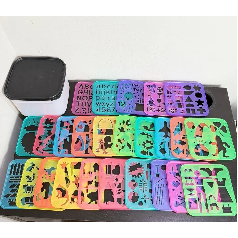 Vintage Tupperware Stencil Art Set 26 Templates & 2.6L Storage Box Black Lid